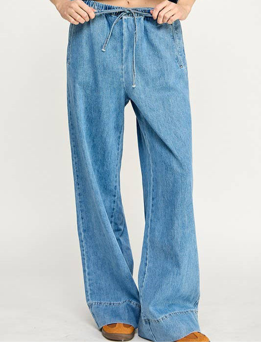 Blue Jean Wide Leg Pants with Drawstring