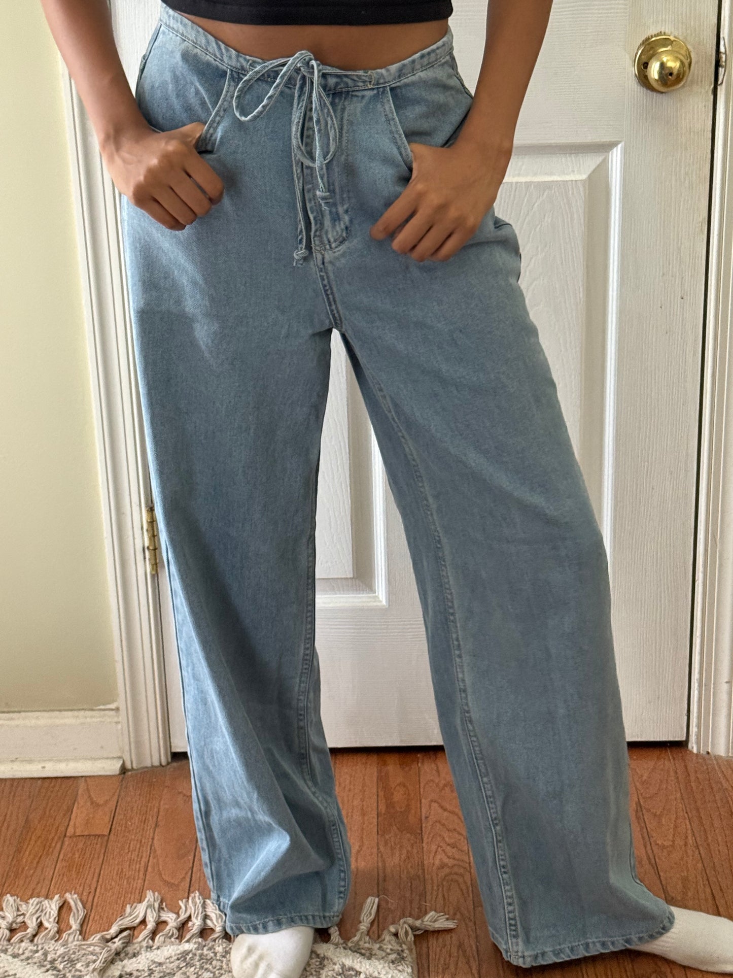Blue Jean Wide Leg Pants with Drawstring