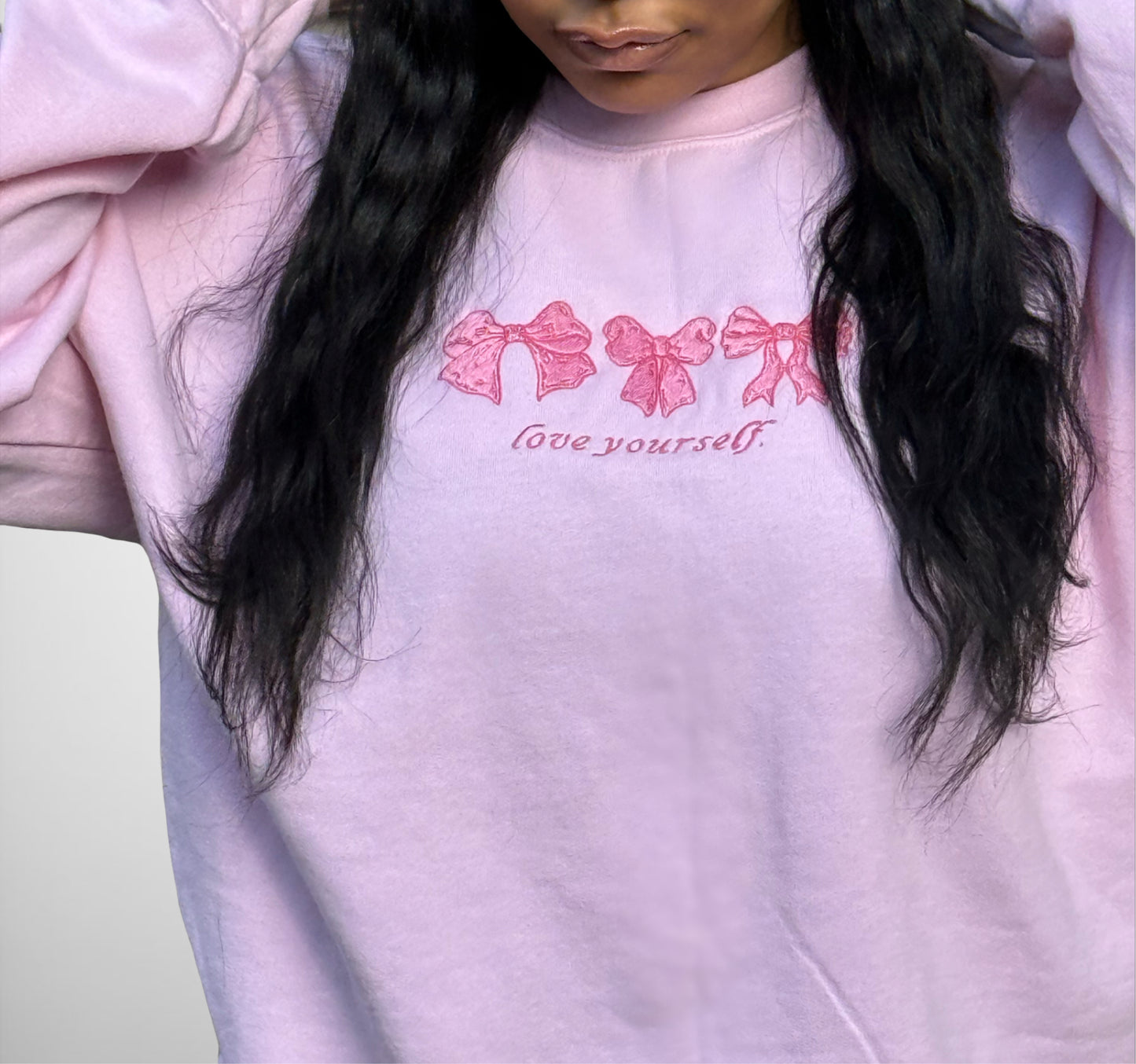 Embroidered love yourself bow crewneck