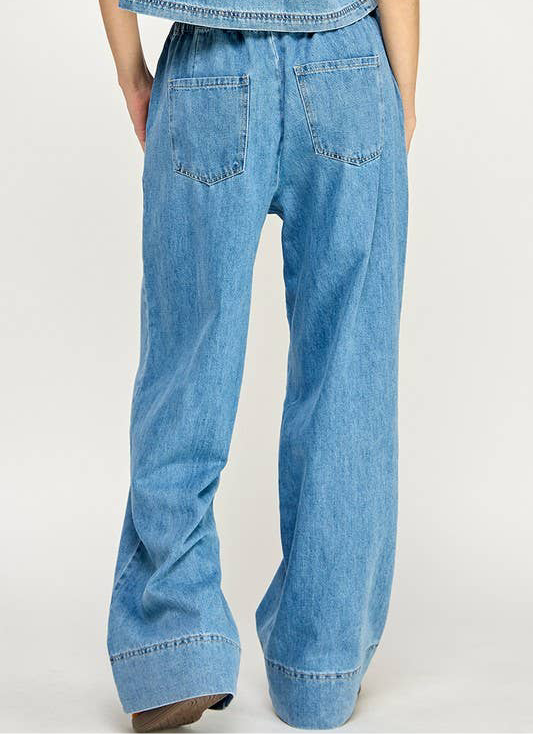 Blue Jean Wide Leg Pants with Drawstring