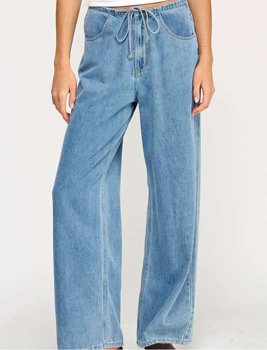 Blue Jean Wide Leg Pants with Drawstring