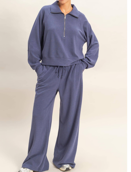 Oh So Soft Ribbed Half-Zip 2 pc Set | Indigo