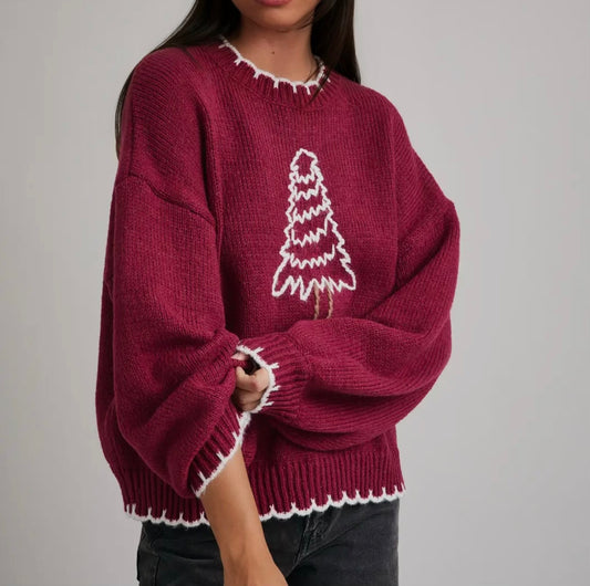 Oh Christmas Tree Oversized Sweater | Burgundy