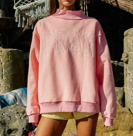 Pray Embroidered Mock Neck