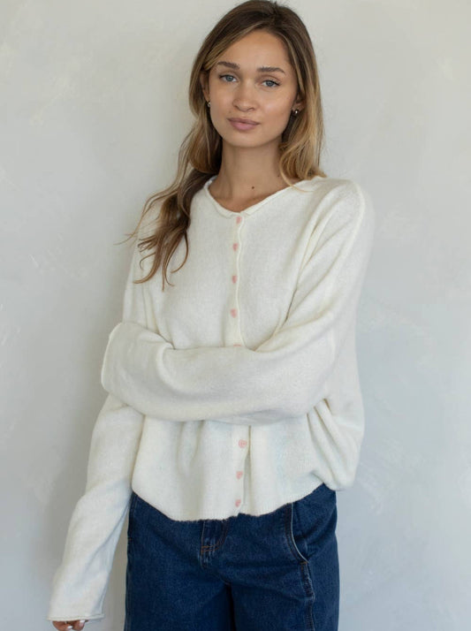 Kami Cardigan | Ivory w/ Pink Heart Buttons